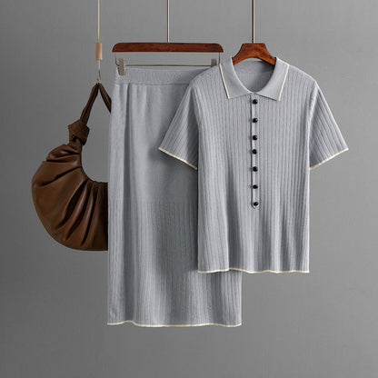 Conjunto elegante de falda de punto para mujer, primavera y verano, cuello polo, dos piezas