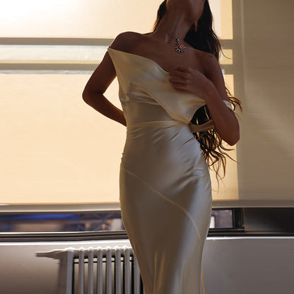 Vestido de satén sexy con hombros descubiertos para mujer, vestido ligero de lujo, elegante, con cola de pez