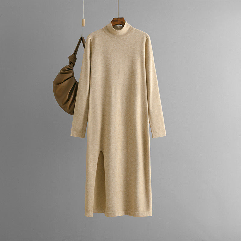 Vestido de punto de cuello alto para mujer, otoño e invierno, color liso, con abertura, manga larga, pantalones de fondo, ropa interior, vestido de lana