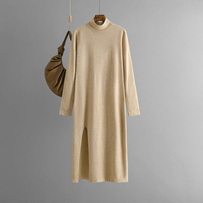 Vestido de punto de cuello alto para mujer, otoño e invierno, color liso, con abertura, manga larga, pantalones de fondo, ropa interior, vestido de lana