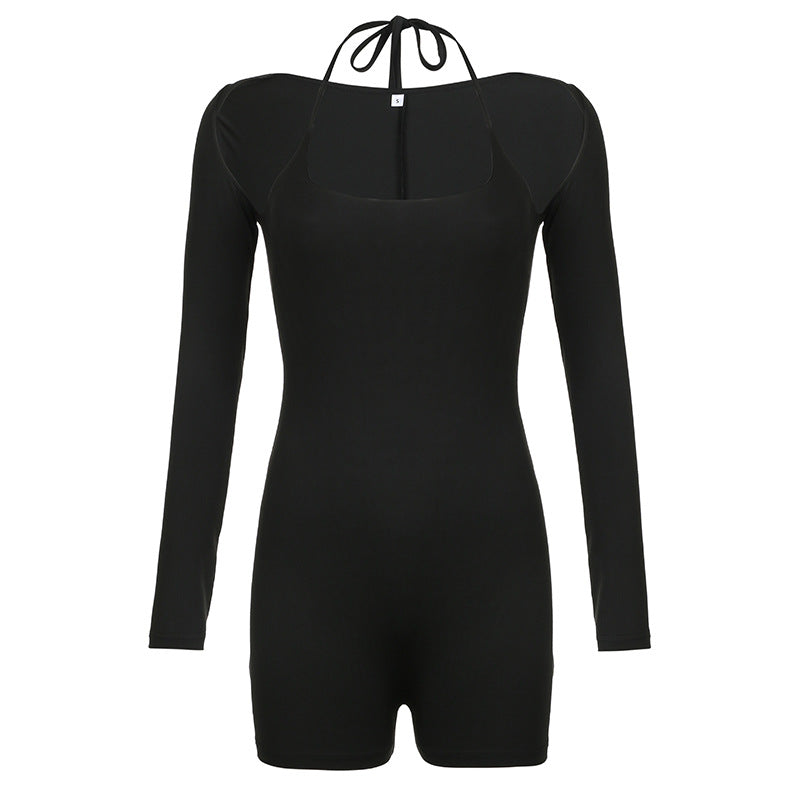 Mono de dos piezas con cuello halter y cordones de color liso para mujer, blusa sexy informal, traje deportivo