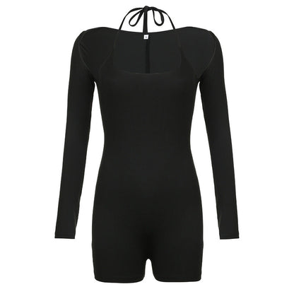 Mono de dos piezas con cuello halter y cordones de color liso para mujer, blusa sexy informal, traje deportivo