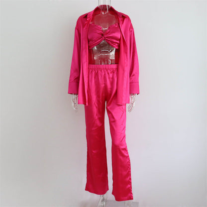 Conjunto informal de tres piezas de satén para mujer, primavera y otoño, chaleco con pecho envuelto de satén, camisa y pantalones casuales