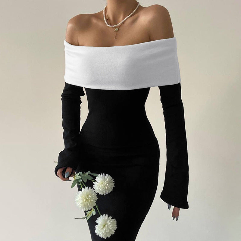 Vestido largo adelgazante de manga larga con hombros descubiertos y contraste de colores para mujer Otoño Invierno