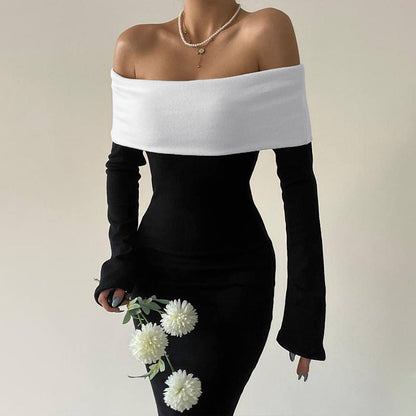 Vestido largo adelgazante de manga larga con hombros descubiertos y contraste de colores para mujer Otoño Invierno
