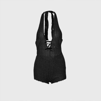 Mono de verano ajustado con cuello halter, encaje, espalda descubierta, sexy, pantalones acampanados, mono para mujer