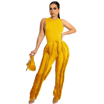 Conjunto de dos piezas para mujer, pantalón con borlas, sin mangas, informal, de encaje, sexy, para verano
