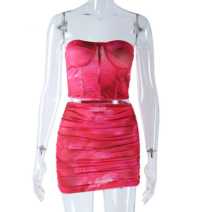 Traje de dos piezas con falda y chaleco estampado bandeau sexy para mujer de verano