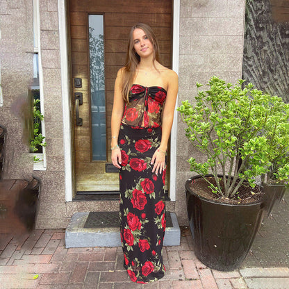 Conjunto de top de tubo con estampado de malla y falda de longitud media para mujer, ropa de verano ajustada para mujer