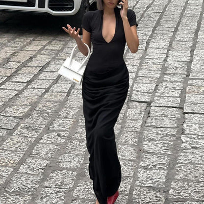 Vestido largo plisado sexy de manga corta con escote en V profundo para mujer de invierno