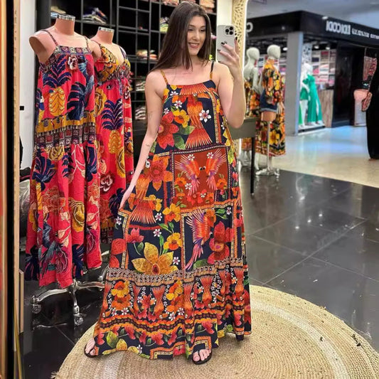 Summer Women Sexy Sleeveless Swing Printed Long Sling Dress