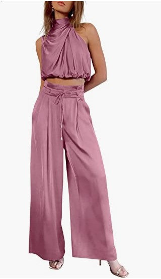 Conjunto de dos piezas informal sin mangas con cuello para mujer, pantalones de pierna ancha, top corto de verano