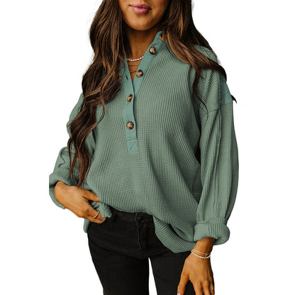 Suéter de verano con cuello redondo y mangas largas para mujer, sudadera holgada de gran tamaño con diseño de gofres.