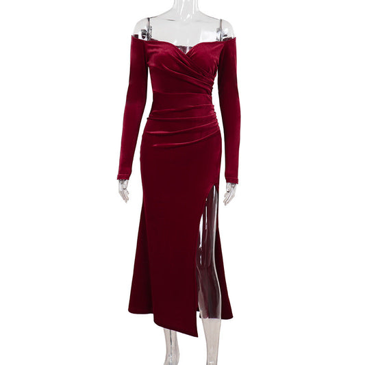 Off Shoulder Sexy High Slit Velvet Dress Women Elegant Dress