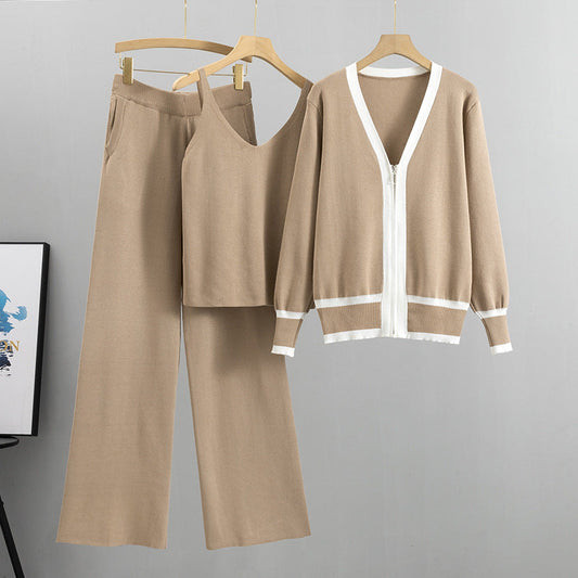 Traje de mujer de primavera y otoño, cárdigan de punto con tirantes y pantalones anchos, traje de tres piezas