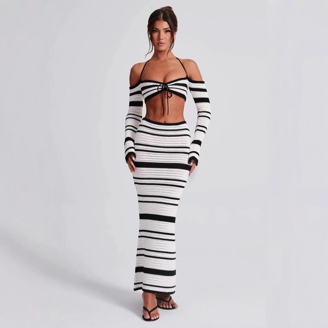 Conjunto de dos piezas formado por top y falda con cuello halter, manga larga y rayas, para mujer