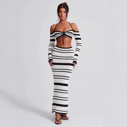 Conjunto de dos piezas formado por top y falda con cuello halter, manga larga y rayas, para mujer