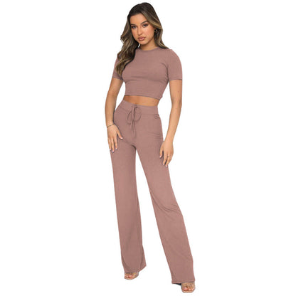 Conjunto informal de dos piezas para mujer, color liso, muy elástico, moldeador corporal, manga corta, rayas hundidas, pantalones de pierna ancha