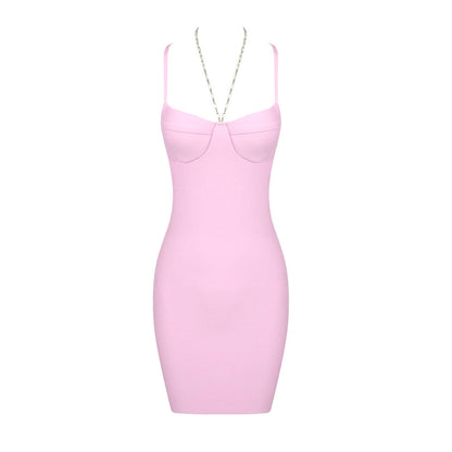 Mini liguero sexy de cadena rosa de verano con aberturas y espalda descubierta para mujer