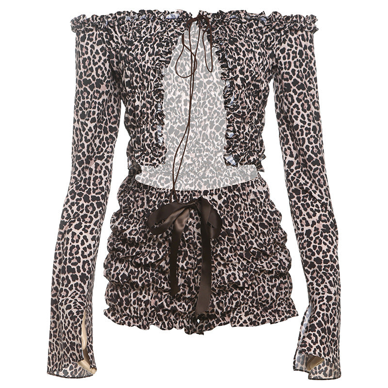 Conjunto de dos piezas formado por cárdigan de manga larga y pantalón corto plisado, estampado de leopardo, con cordones, para mujer, otoño e invierno