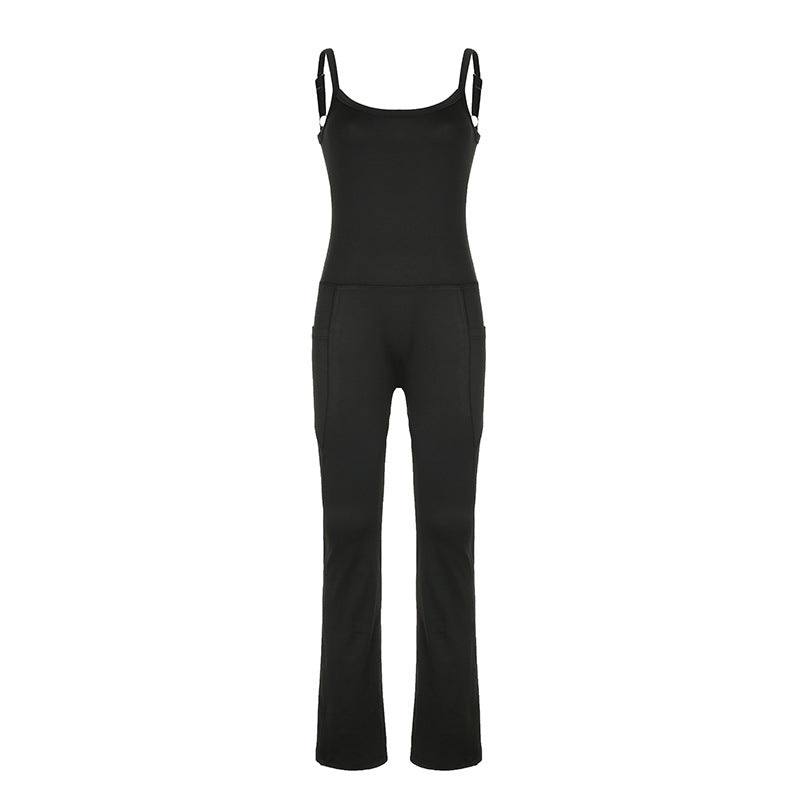 Pantalones deportivos de una pieza con bolsillos, color liso y costuras sencillas para yoga y estilo casual.