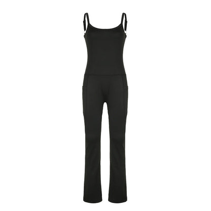 Pantalones deportivos de una pieza con bolsillos, color liso y costuras sencillas para yoga y estilo casual.