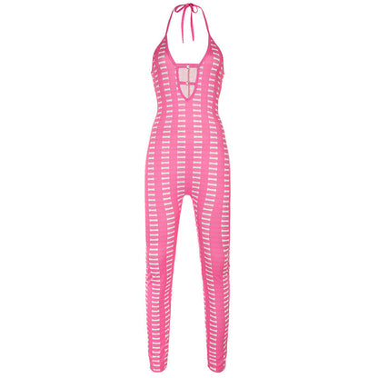 Ropa sexy para mujer Barbie rosa a rayas con contraste de color, escote en V profundo, aberturas, tirantes ajustados, mono halter, pantalones ajustados