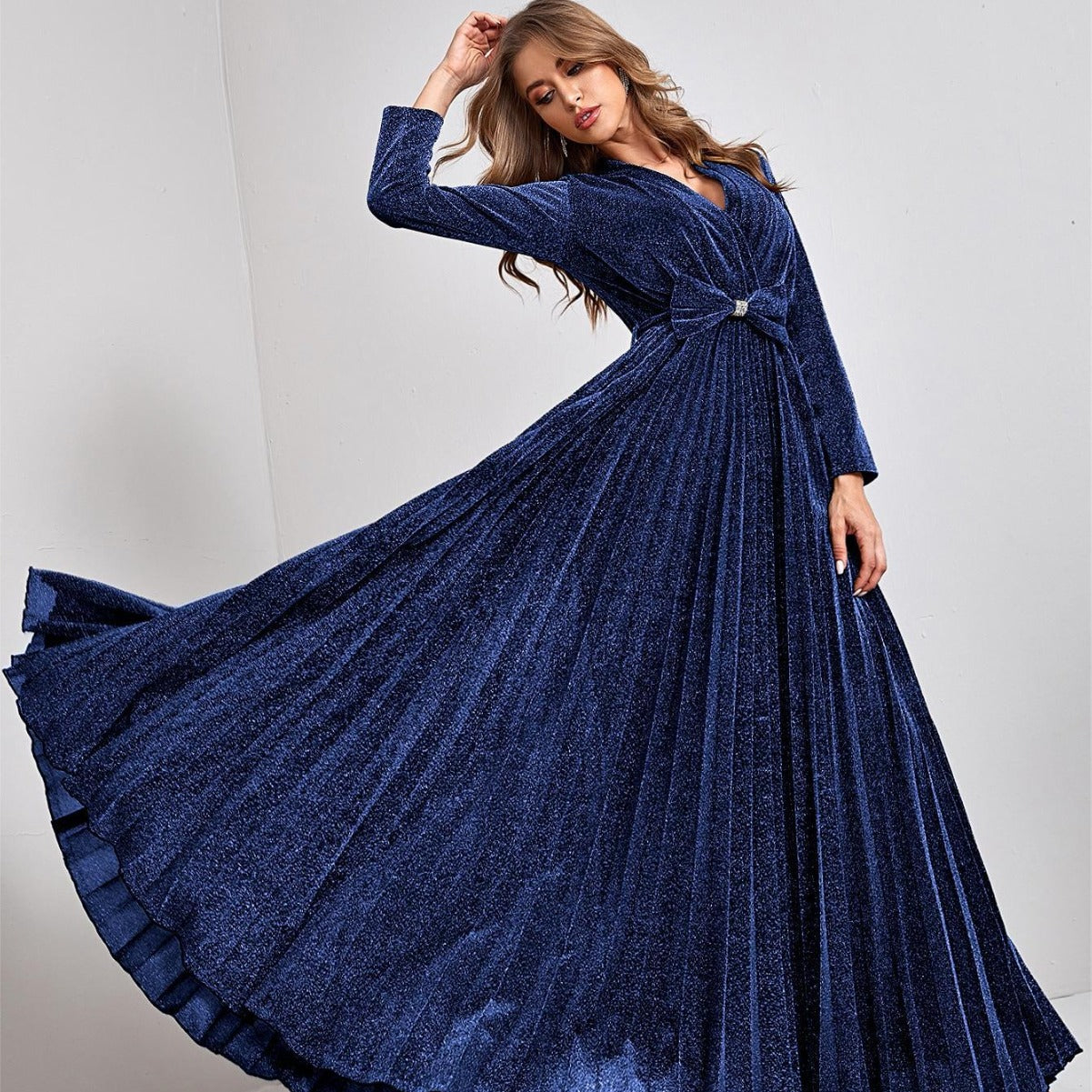 Vestido de noche con escote en V, manga larga, dobladillo grande, elegante, para baile, fiesta, dama de honor