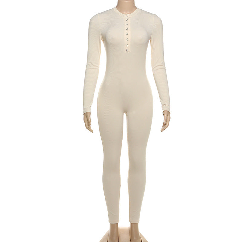 Ropa de invierno para mujer, pantalones casuales de una pieza ajustados con botones y cuello redondo de manga larga y tejido acanalado de color liso