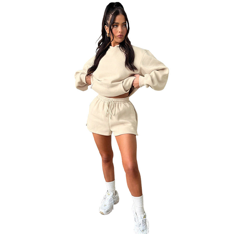 Suéteres con capucha de manga larga de color liso para otoño e invierno, ropa para mujer, conjuntos de dos piezas con pantalones cortos casuales