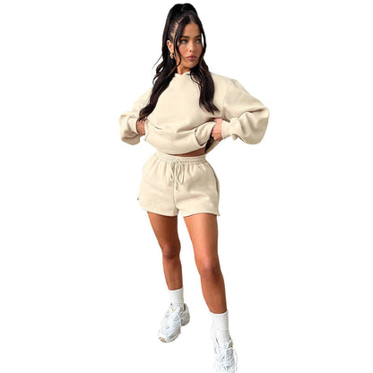 Suéteres con capucha de manga larga de color liso para otoño e invierno, ropa para mujer, conjuntos de dos piezas con pantalones cortos casuales
