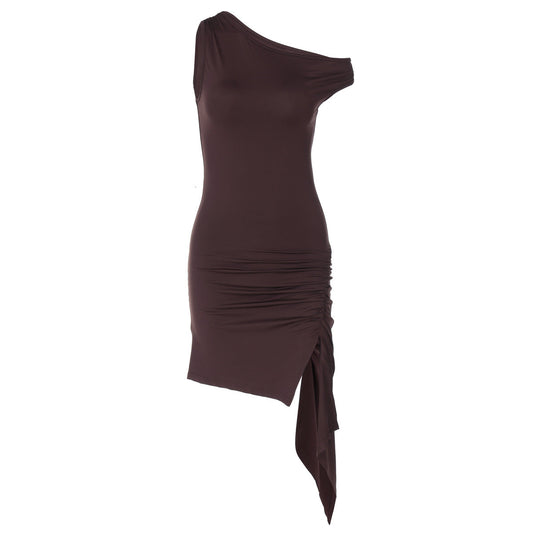 Vestido de primavera para mujer, color liso, cuello diagonal, un hombro, irregular, asimétrico, con volantes en la cadera.