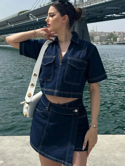 Culotte vaquero de trabajo para mujer, top de verano de manga corta con cuello en V, cintura alta sexy, irregular y asimétrico.