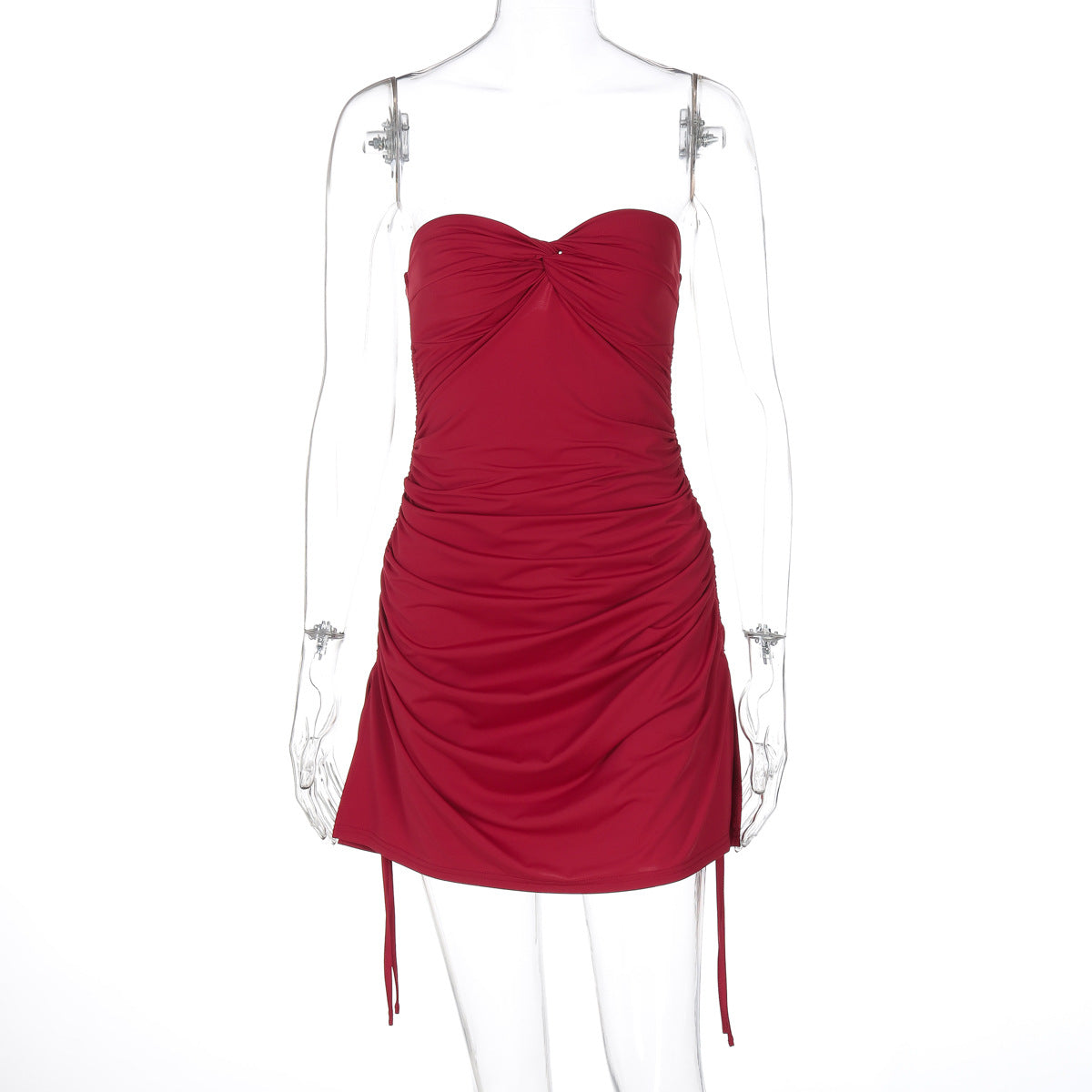 Vestido plisado ultracorto con cordón ajustable, color liso, sexy, con escote en V y mangas abullonadas para mujer