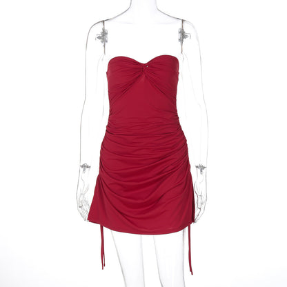 Vestido plisado ultracorto con cordón ajustable, color liso, sexy, con escote en V y mangas abullonadas para mujer