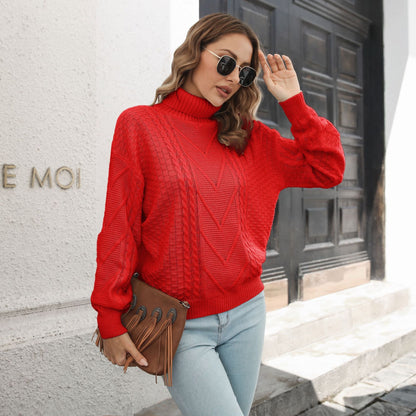 Suéter de cuello alto tridimensional para mujer, suéter holgado de manga larga para otoño e invierno.