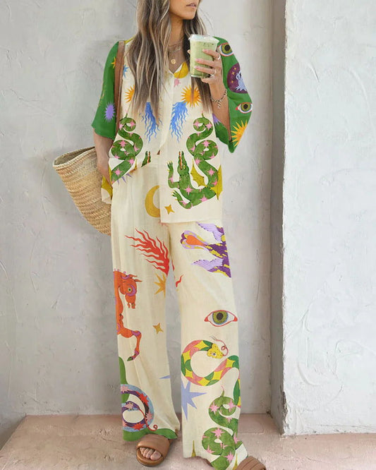 Conjunto informal de camisa y pantalones estampados de lino y algodón para mujer