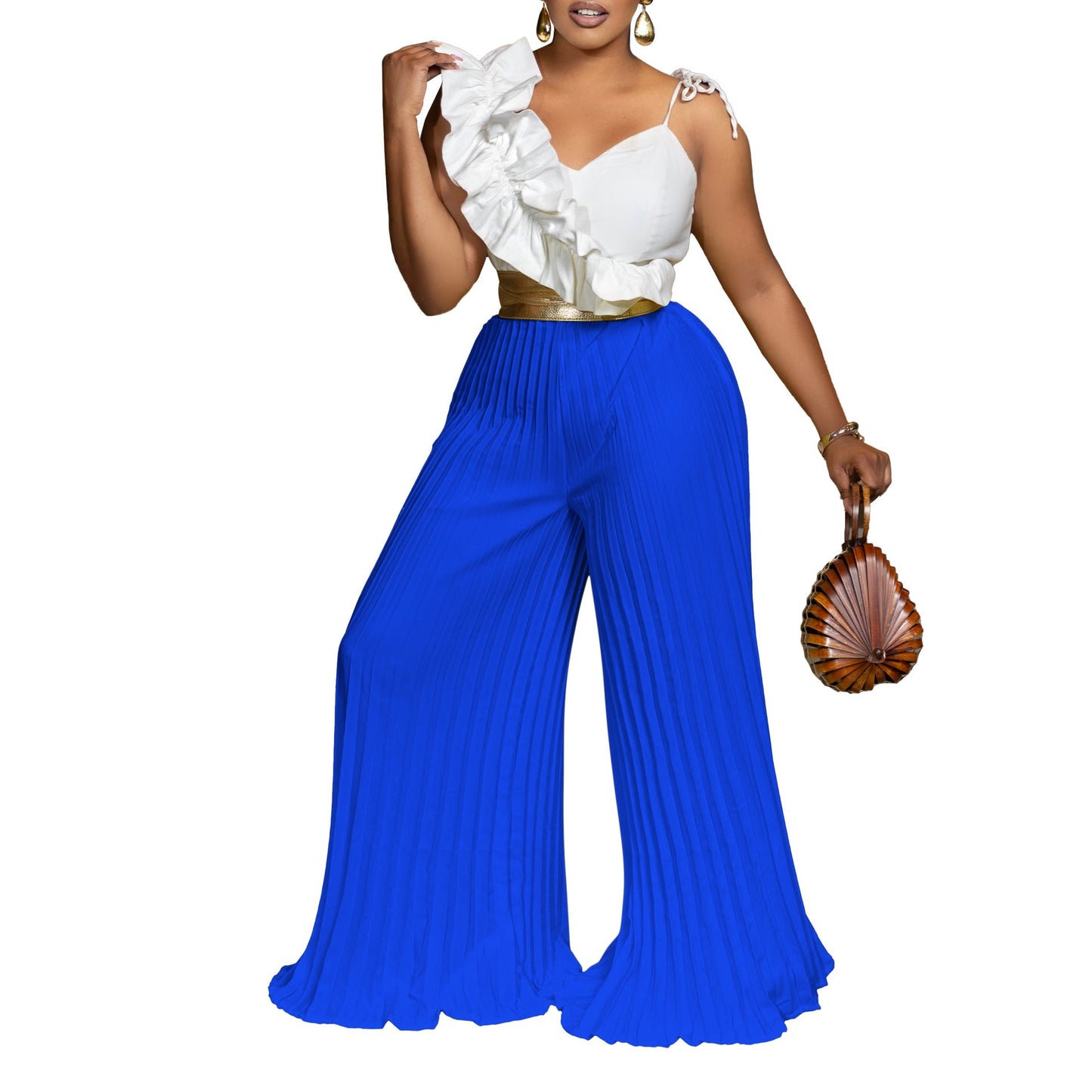Women Clothing Sexy Ruffles Sleeveless Top Wide Leg Wide Leg Pants Set