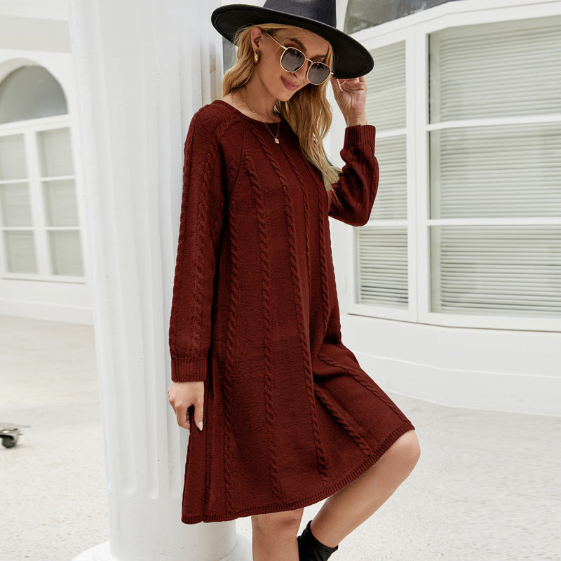 Vestido de suéter largo de color sólido para otoño e invierno, cuello redondo, suelto, torcido, línea A, vestido de punto