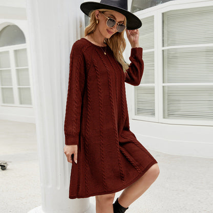 Vestido de suéter largo de color sólido para otoño e invierno, cuello redondo, suelto, torcido, línea A, vestido de punto