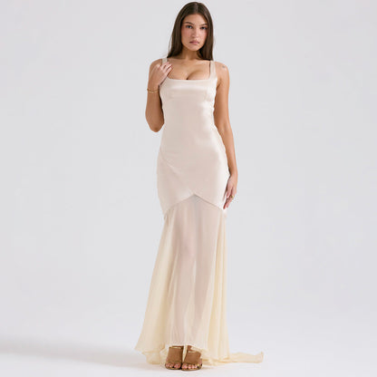 Vestido de primavera para mujer, de satén de alta calidad, de gasa, con empalme de tirantes y superficie forjada, corte entallado y elegante.