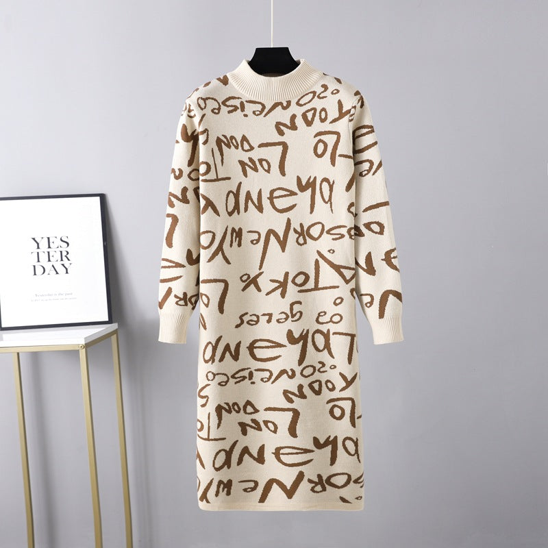 Ropa de mujer Otoño Invierno Jersey de punto Manga larga Letras gráficas Graffiti Suéter Vestido