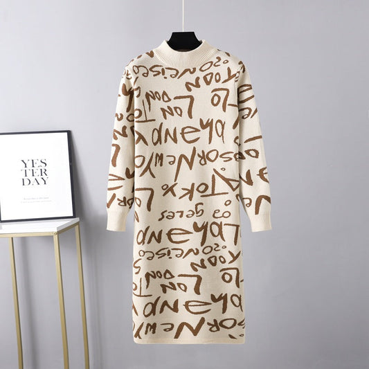 Ropa de mujer Otoño Invierno Jersey de punto Manga larga Letras gráficas Graffiti Suéter Vestido