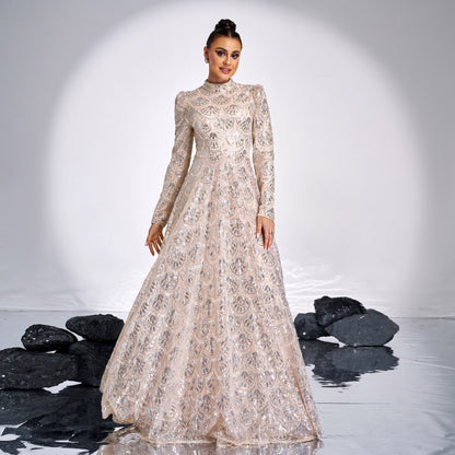 High End Long Sleeve Crew Neck Sexy Long Sequined Cocktail Evening Dress Bridesmaid Dress Dress Women