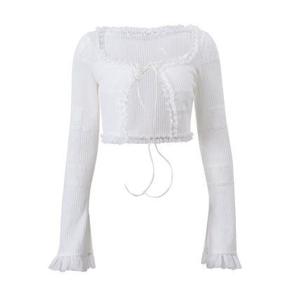 Conjunto de cárdigan de punto con cuello cuadrado francés de otoño, con cordones, top de manga larga y falda pastel