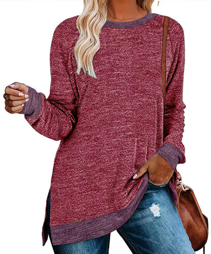 Camiseta informal holgada de manga larga con cuello redondo y abertura multicolor para mujer