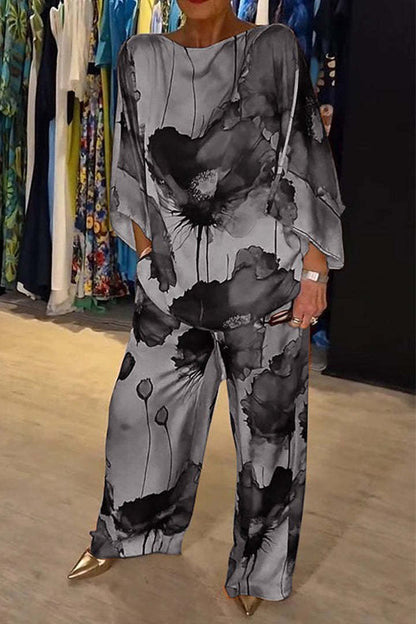 Colección Verano Otoño Estación Independiente Urbana Elegante Satén Cuello Descubierto Suelto Estampado Manga Murciélago Pantalones con Cordón Conjuntos