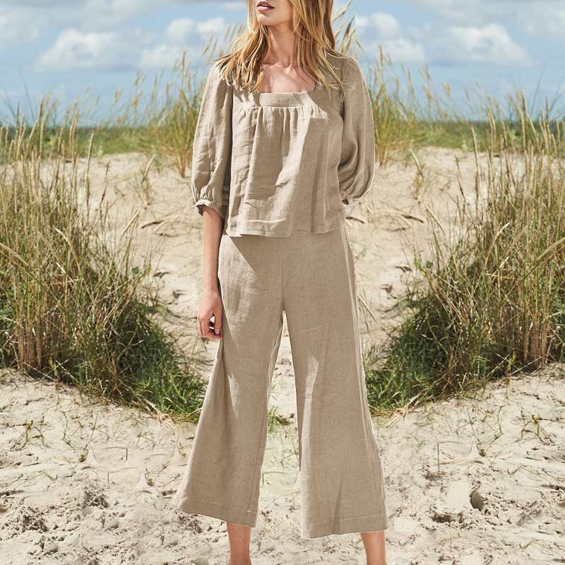 Ropa de talla grande para mujer, traje de pantalón de color liso, de algodón y lino, informal, de manga larga, holgado, de algodón