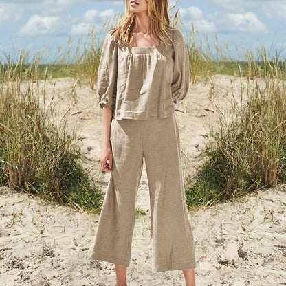 Ropa de talla grande para mujer, traje de pantalón de color liso, de algodón y lino, informal, de manga larga, holgado, de algodón