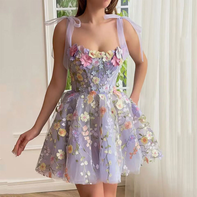 Vestido camisero sexy de organza con bordado floral tridimensional para mujer